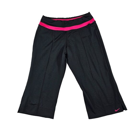 Nike Womens Yoga Cropped Leggings Dri-Fit Elastic Waist Pink Trim Black Small‎ - Picture 1 of 11